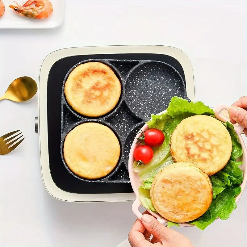 A Four-hole Non-stick Frying Pan Is Suitable for Frying Eggs, Pancakes, Hamburgers, Etc.-aluminum Alloy Material, Uncoated, Easy To Clean, High Temperature Resistant, Breakfast and Other Cooking Tools.