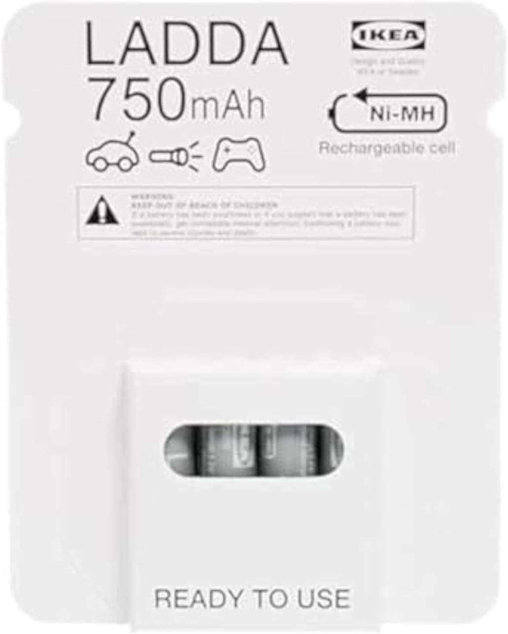 LADDA Rechargeable Batteries, AAA, HR3, 1.2V, 750mAh, Grey - Pack of 4