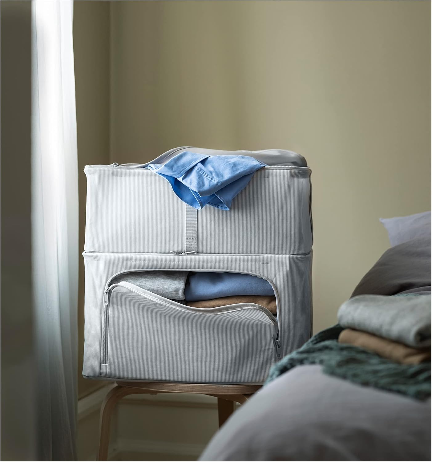 HEMMAFIXARE storage case, 34x51x19 cm, fabric striped/white/grey