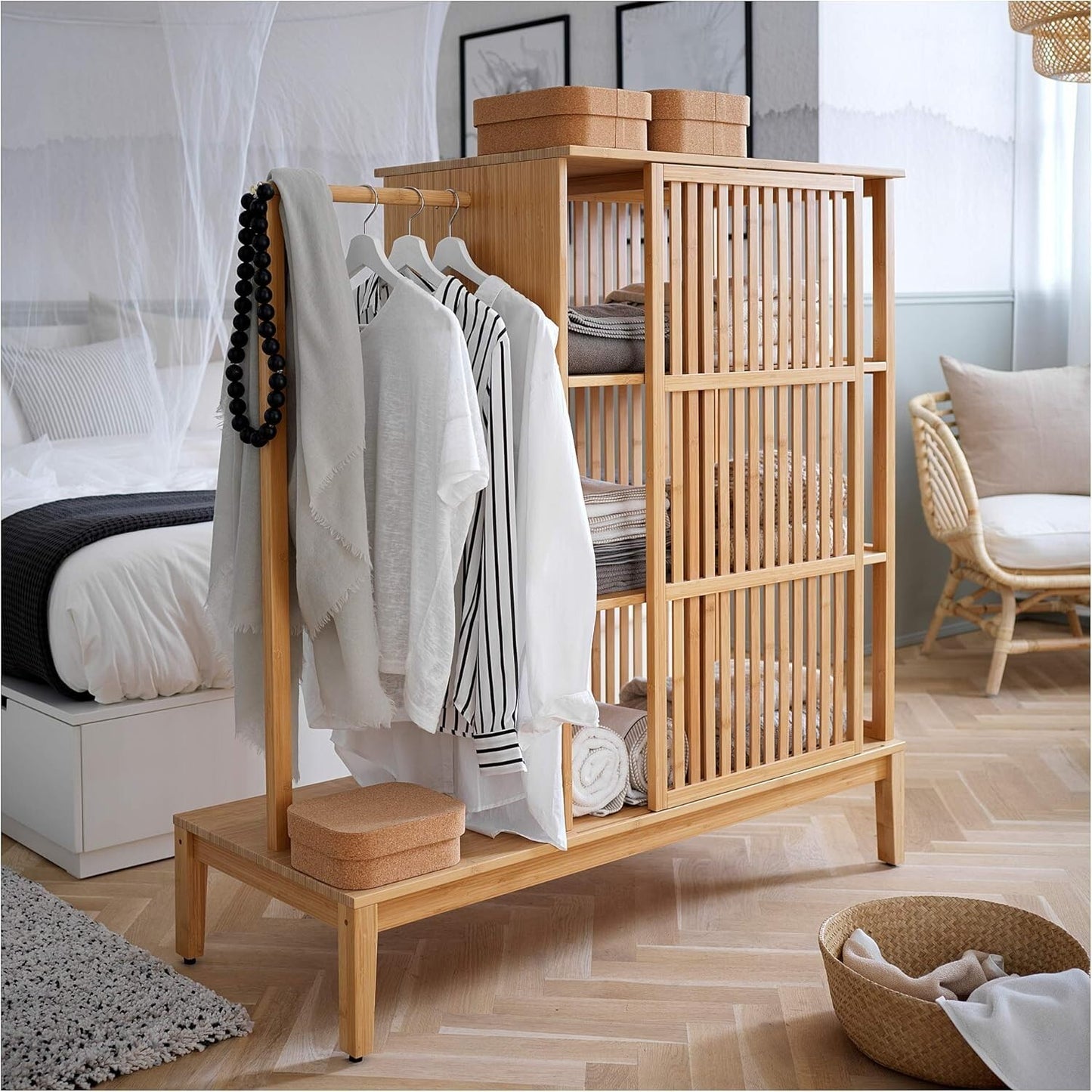 NORDKISA open wardrobe with sliding door,47 1/4x48 3/8 ", bamboo