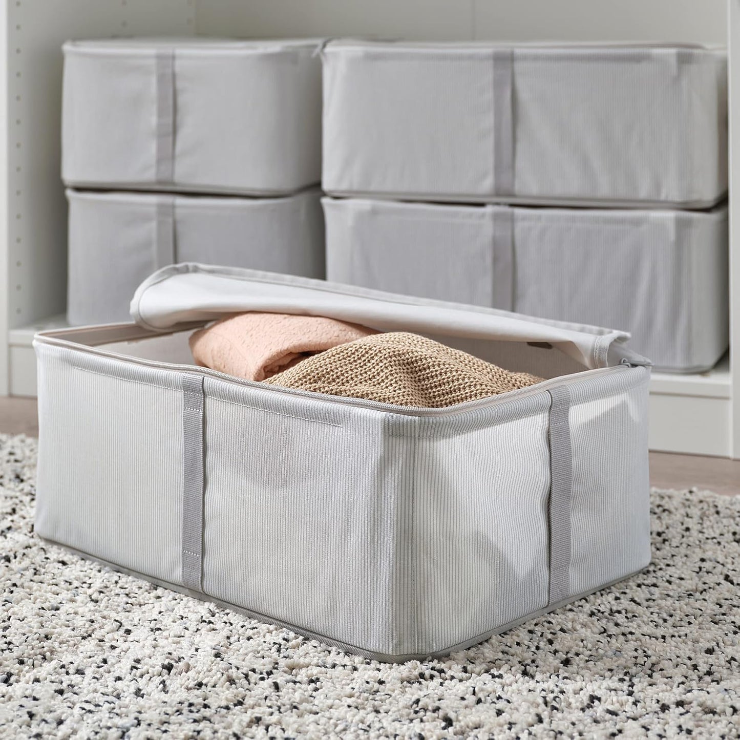 HEMMAFIXARE storage case, 34x51x19 cm, fabric striped/white/grey