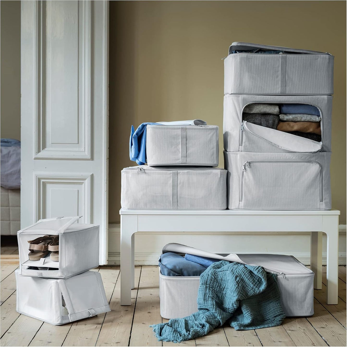 HEMMAFIXARE storage case, 34x51x19 cm, fabric striped/white/grey