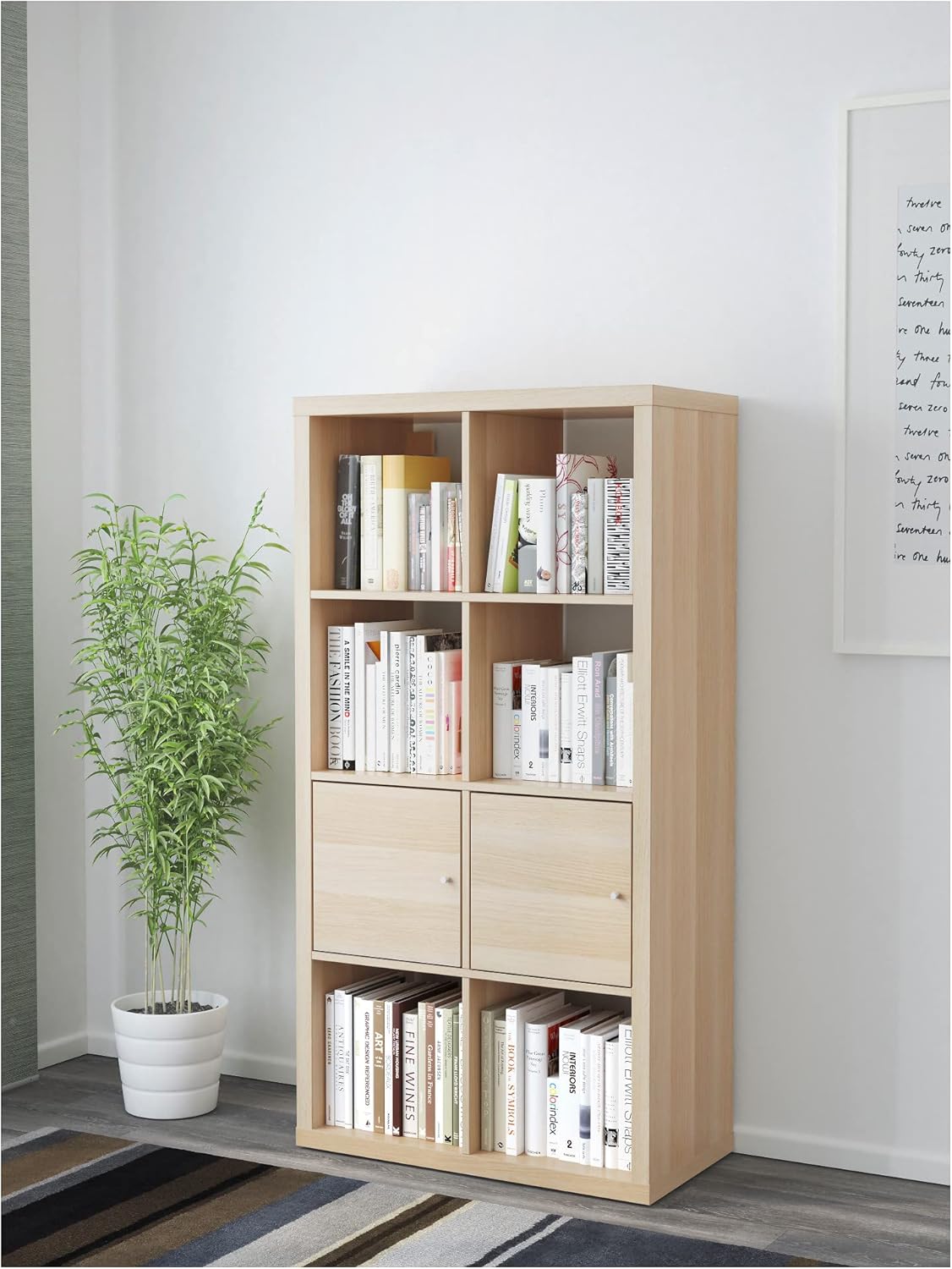 Shelf unit with doors, white stained oak effect