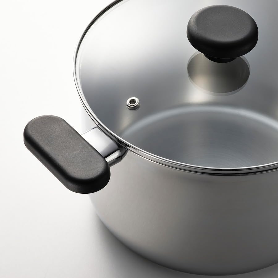 MIDDAGSMAT Pot with lid, Clear Glass,Stainless Steel,5.3qt
