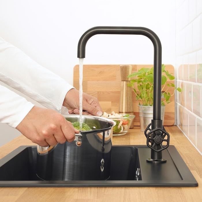 GAMLESJÖN Dual-Control Kitchen Mixer Tap – Brushed Black Metal Functional Design