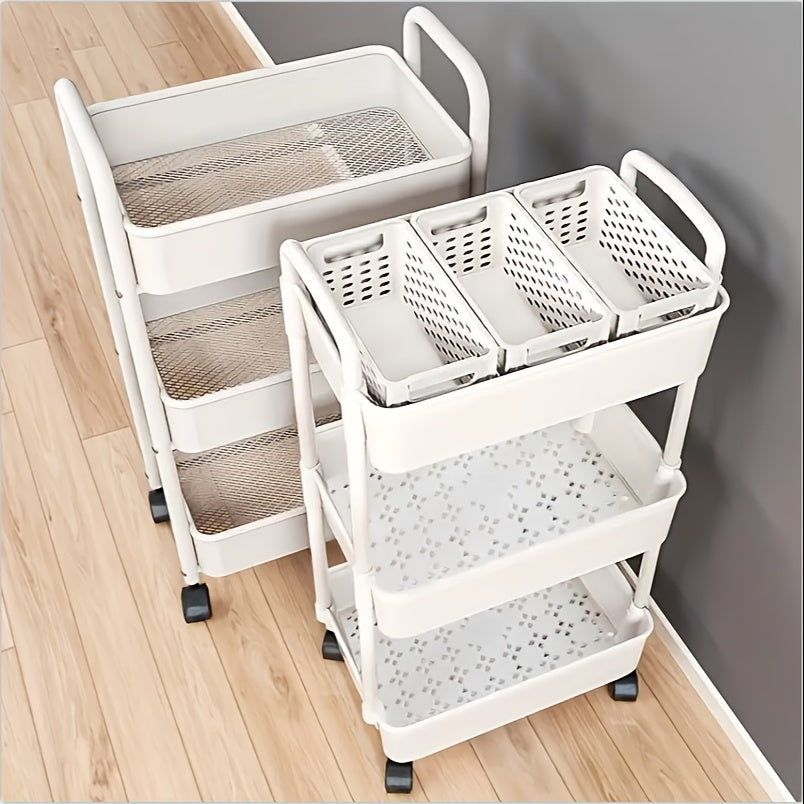3-Tier Durable Plastic Rolling Storage Cart with Wheels - Easy to Move, Black & White Organizer for Kitchen, Bathroom, Bedroom - Compact Design with Handles for Versatile Use