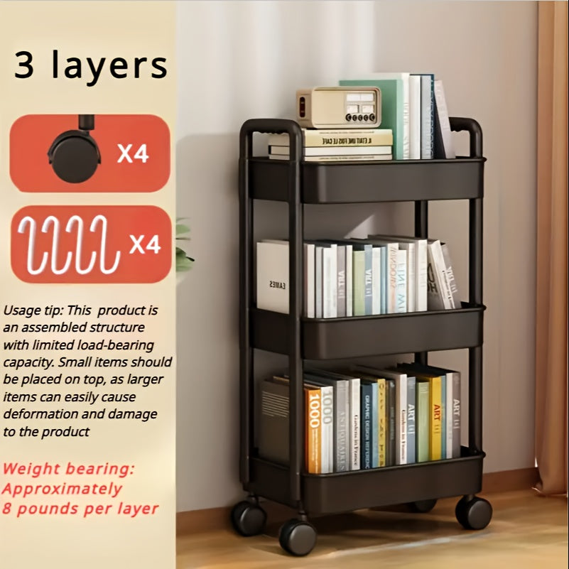 3-Tier Durable Plastic Rolling Storage Cart with Wheels - Easy to Move, Black & White Organizer for Kitchen, Bathroom, Bedroom - Compact Design with Handles for Versatile Use