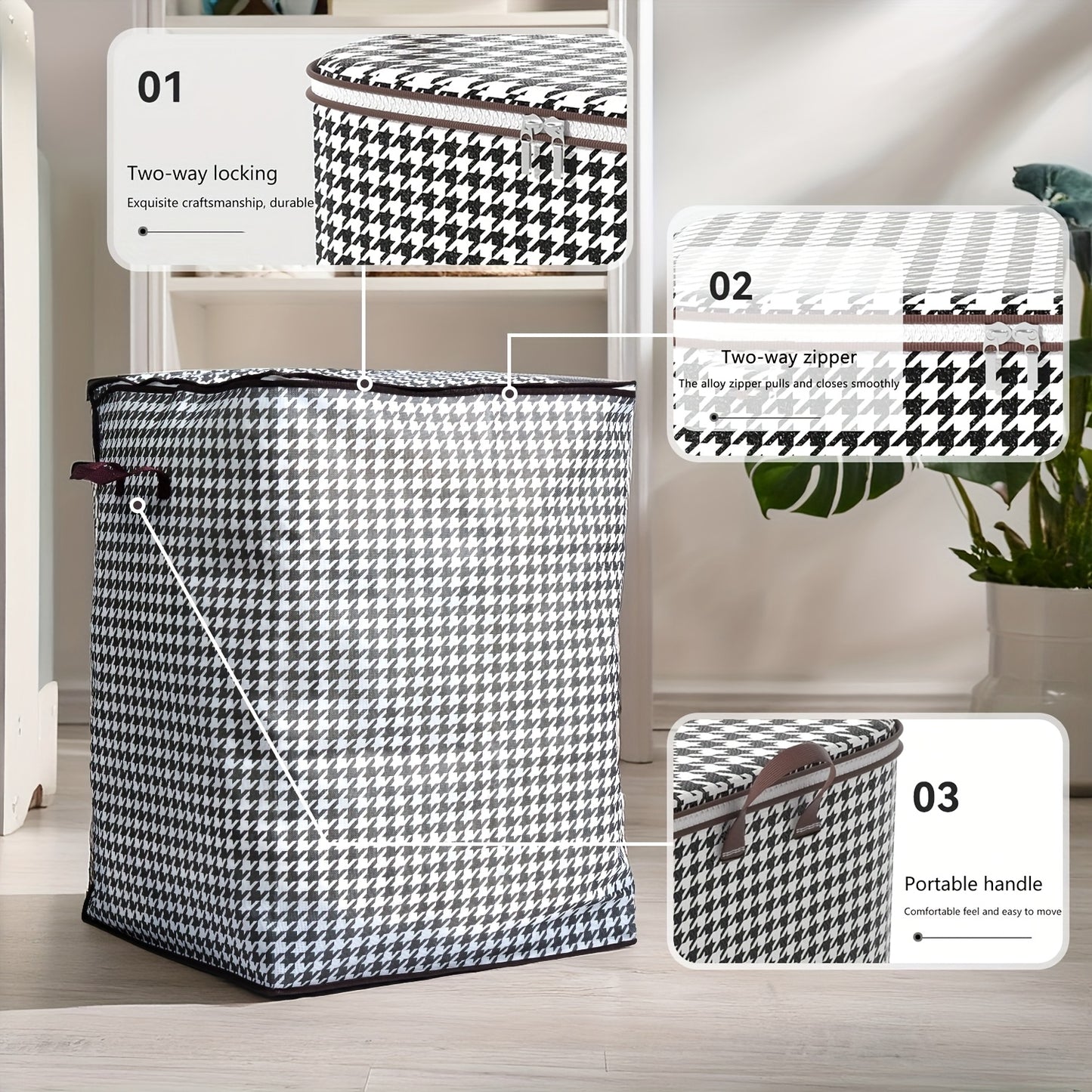 3 Pack Of Extra Large 47.55gal Salon Storage Bucket For Beauty SPA, Houndstooth Thickened Storage Contsiners For Household/Salon Spa Large Capacity Clothes Quilt Storage Bucket Dustproof And Moisture Resistant Bag Double Zipp