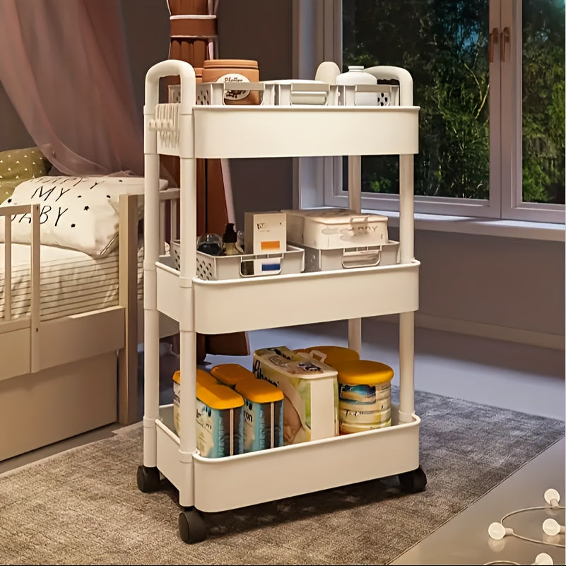 3-Tier Durable Plastic Rolling Storage Cart with Wheels - Easy to Move, Black & White Organizer for Kitchen, Bathroom, Bedroom - Compact Design with Handles for Versatile Use