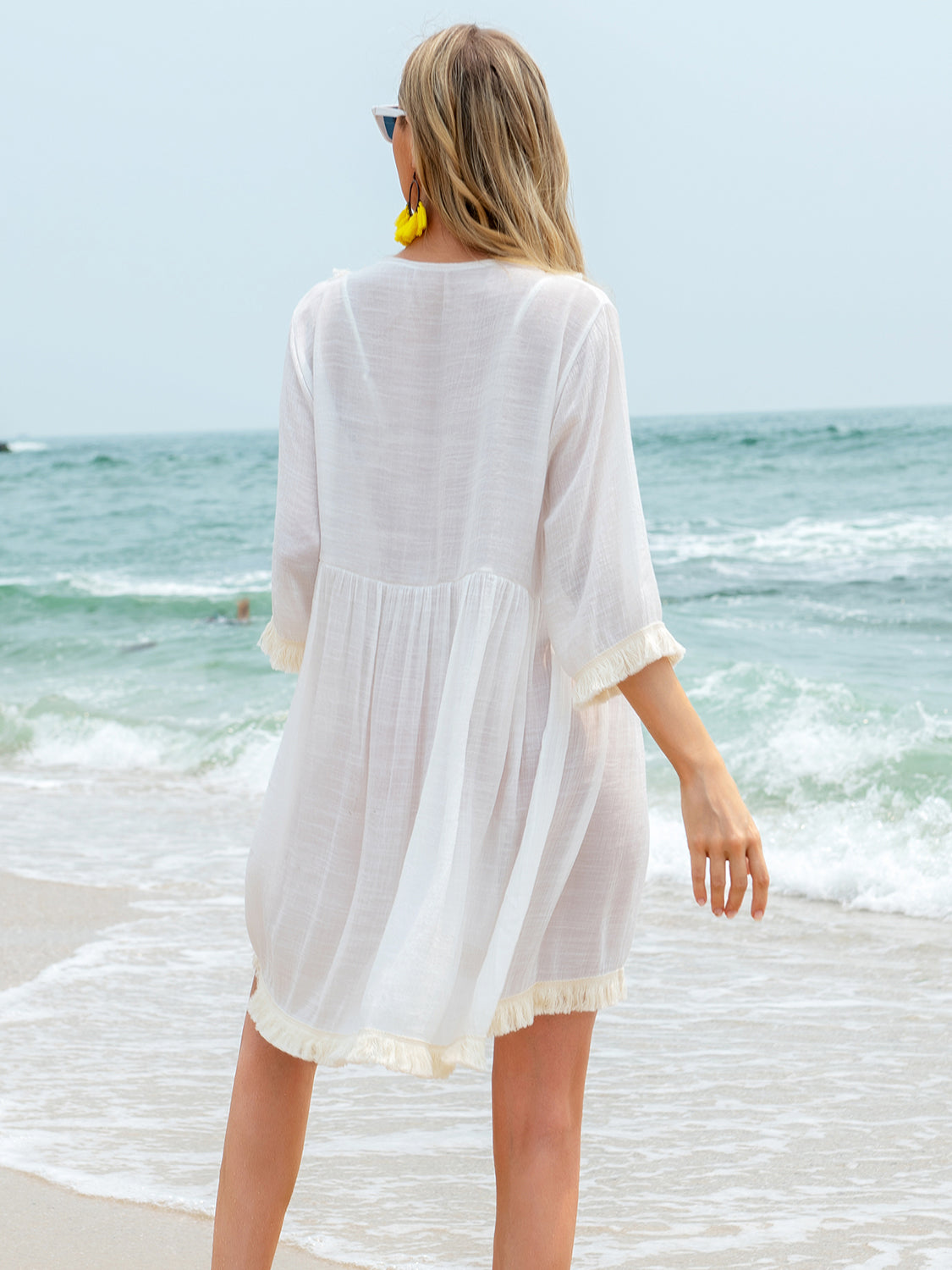 Tassel V-Neck Three-Quarter Sleeve Cover Up