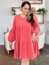 Double Take Full Size V-Neck Balloon Sleeve Tiered Dress with Pockets