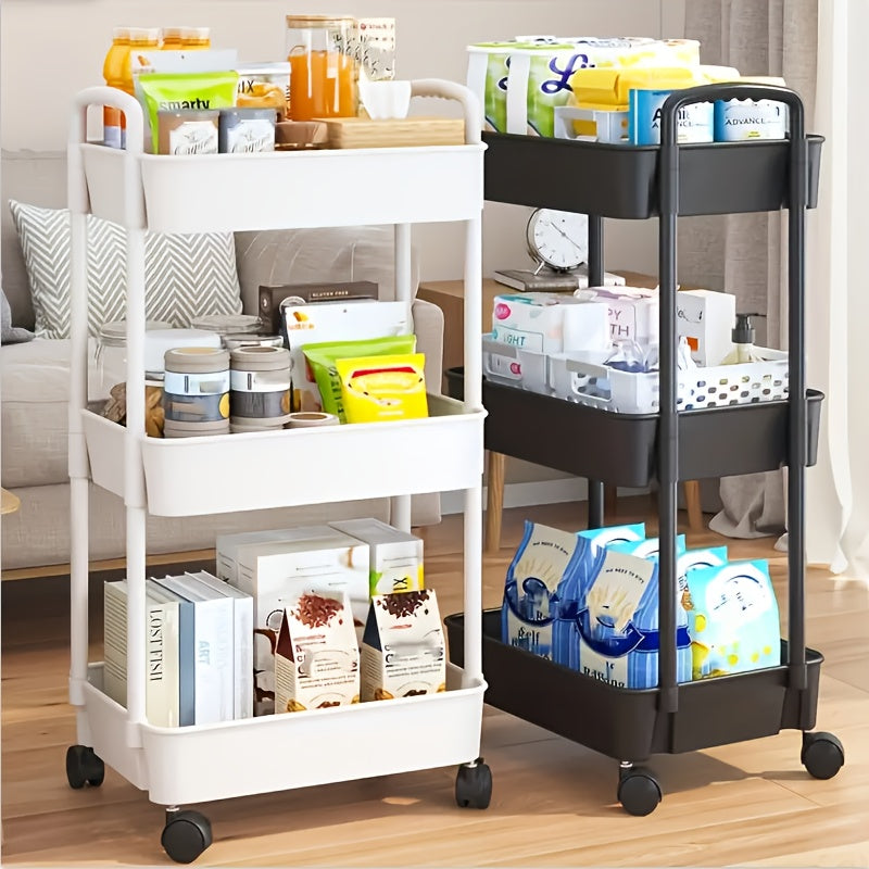 3-Tier Durable Plastic Rolling Storage Cart with Wheels - Easy to Move, Black & White Organizer for Kitchen, Bathroom, Bedroom - Compact Design with Handles for Versatile Use