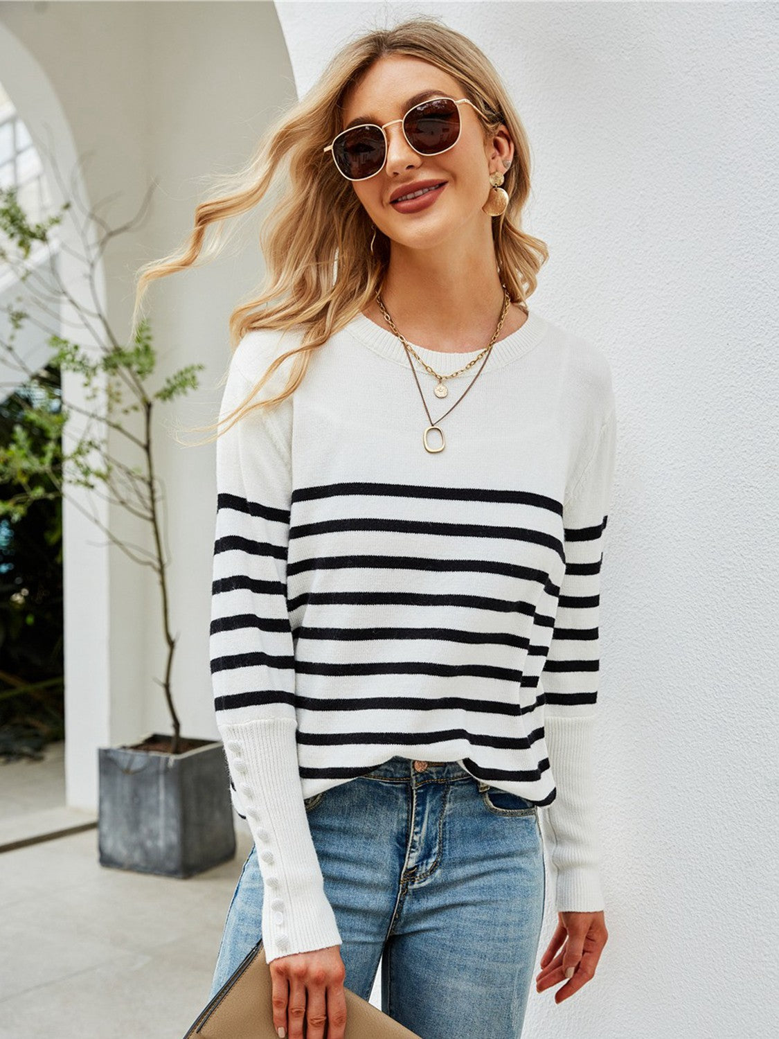 Angel Wings Striped Decorative Button Knit Top