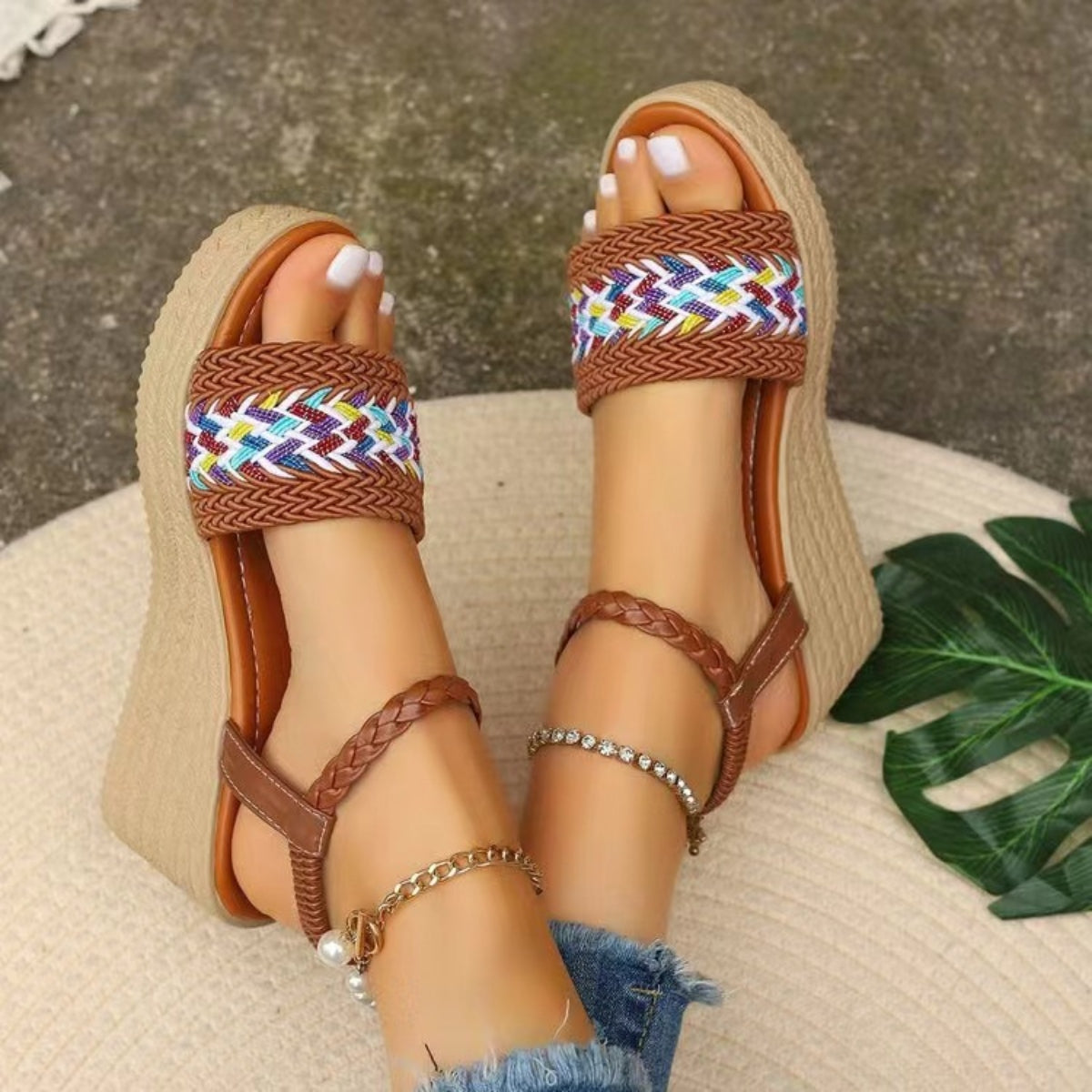 Open Toe Wedge Woven Sandals