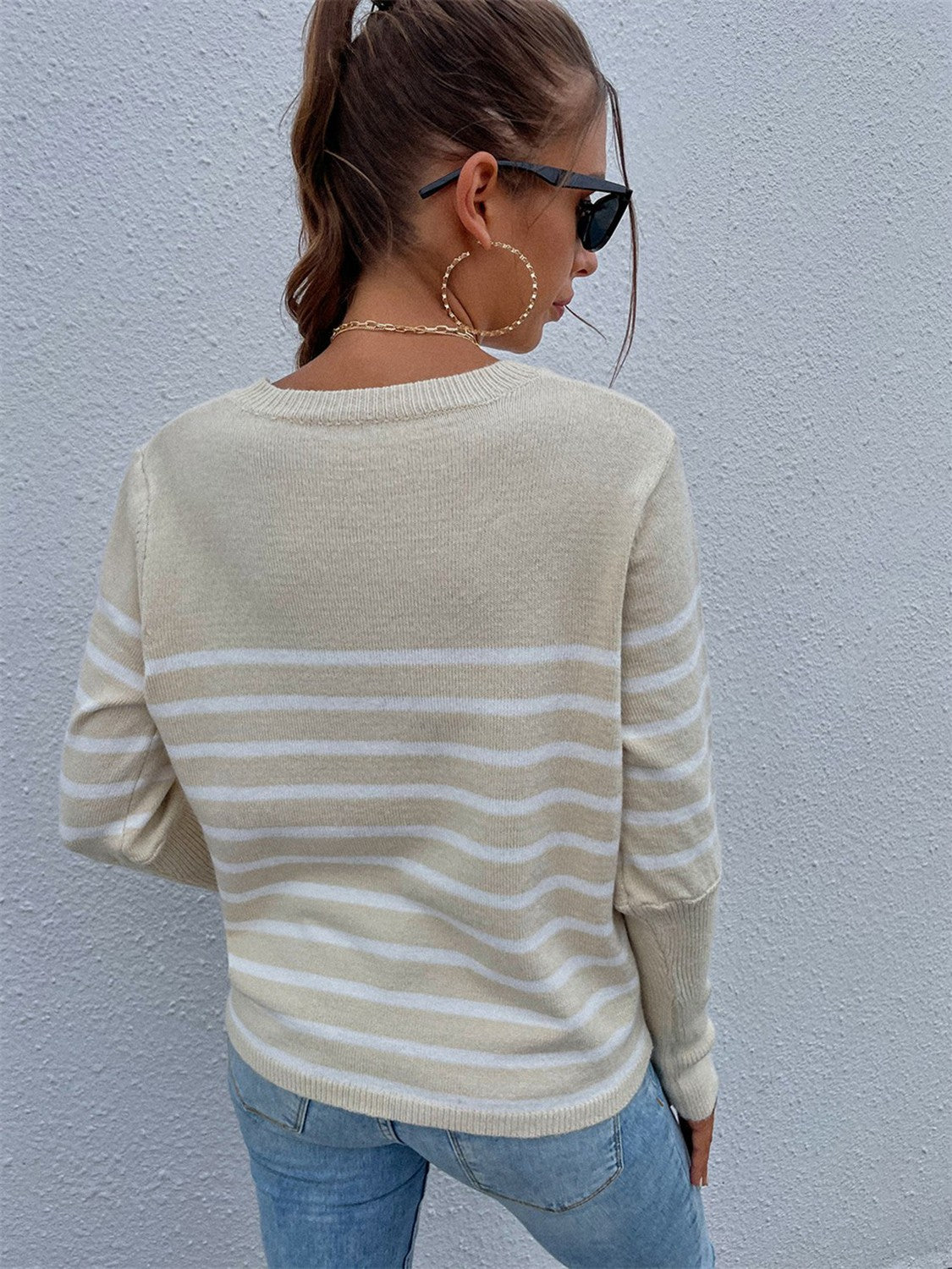 Angel Wings Striped Decorative Button Knit Top