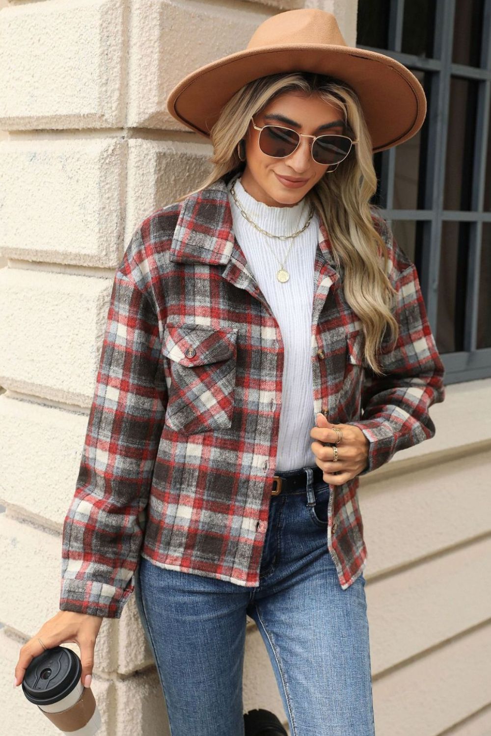 Pocketed Plaid Collared Neck Dropped Shoulder Jacket