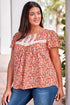 Plus Size Floral Lace Trim Round Neck Blouse