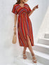 Slit Striped V-Neck Short Sleeve Midi Dress