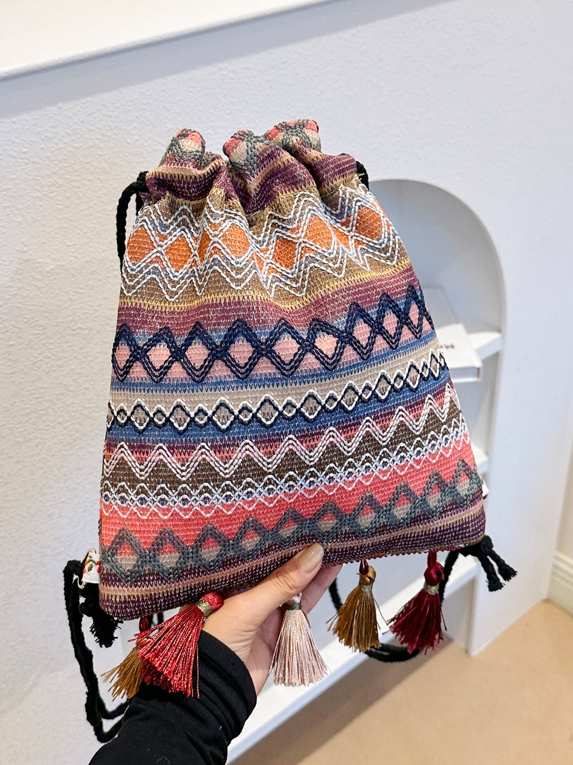 Tassel Geometric Canvas Backpack Bag