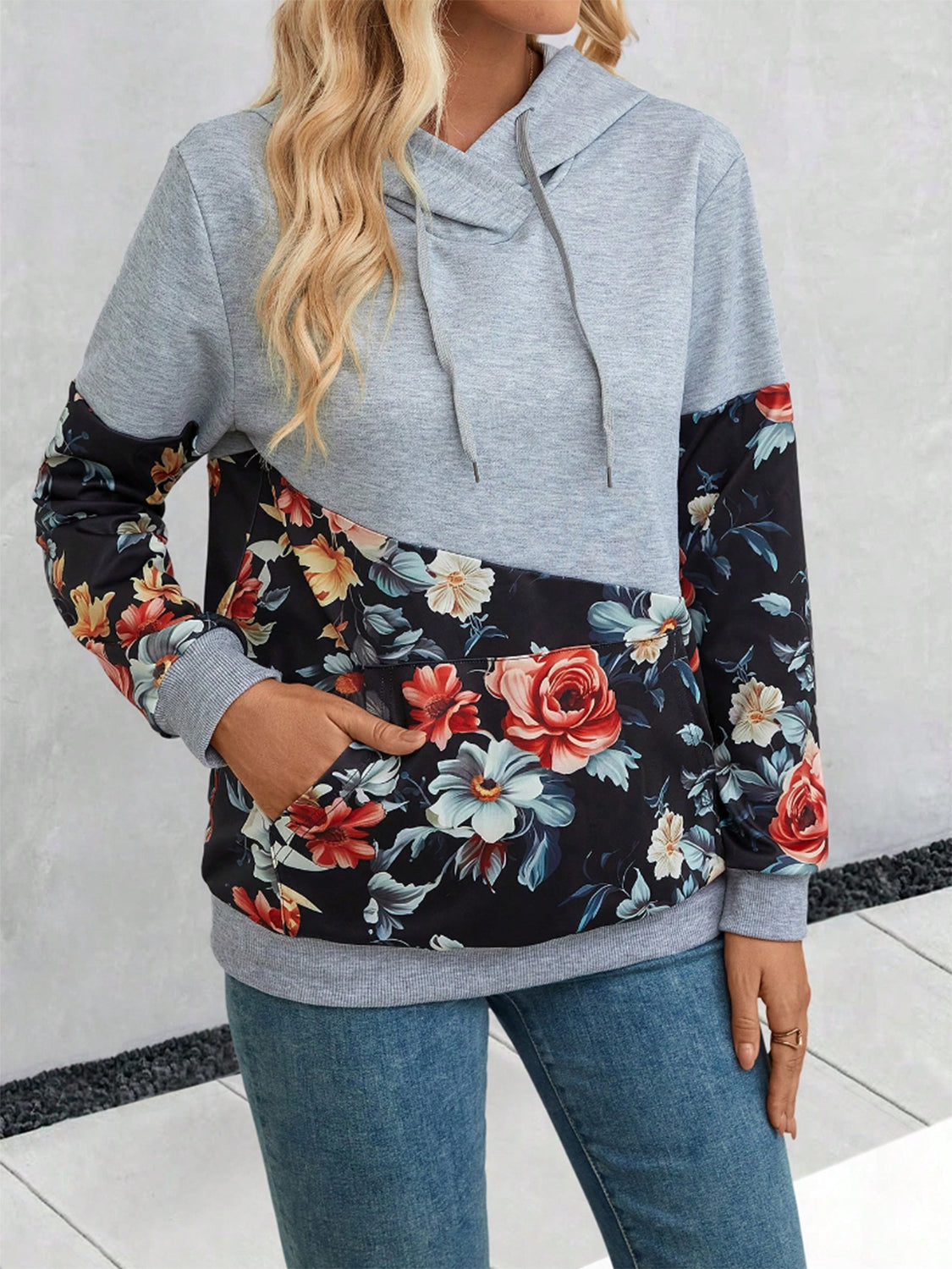 Floral Drawstring Hoodie with Pocket