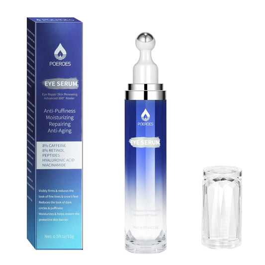 Eye Serum with 8% Caffeine 8% Retinol Hyaluronic Acid Niacinamide peptides for Puffy Eye Bags Fine Lines Dark Circles Wrinkles, Under Eye Cream with 360° Eye Roller Massage Ball, 0.5 fl. oz blue