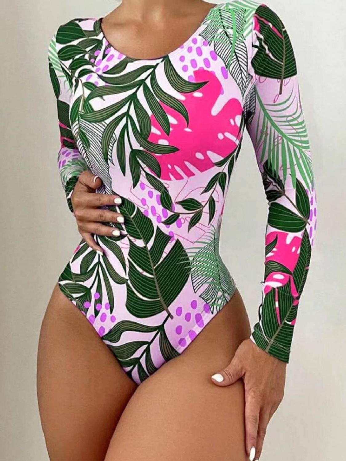 Crisscross Round Neck Long Sleeve Swimwear