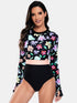 Flower Round Neck Long Sleeve One-Piece Swimwear