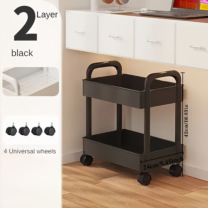 3-Tier Durable Plastic Rolling Storage Cart with Wheels - Easy to Move, Black & White Organizer for Kitchen, Bathroom, Bedroom - Compact Design with Handles for Versatile Use