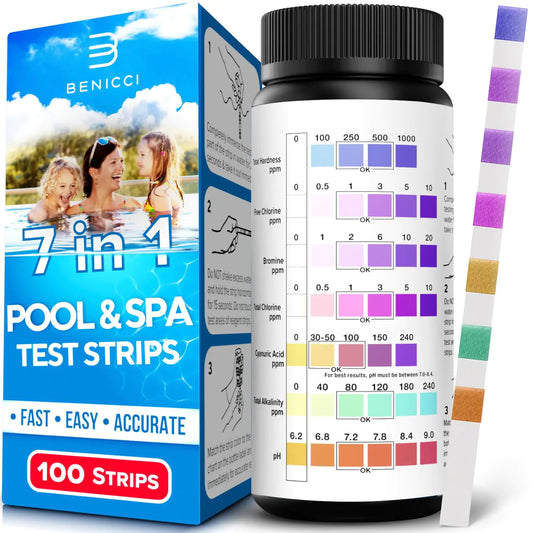 7 in 1 Pool and Spa Test Strips Kit 100 Accurate Test Strips for Spa, Swimming Pool and Hot Tubs - Fantastic for Homes or Commercial Use -  PH Water