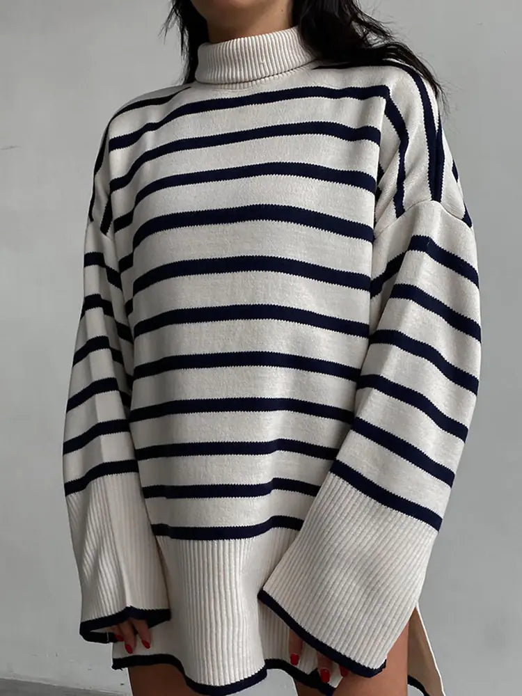 Loose Striped Turtleneck Sweater