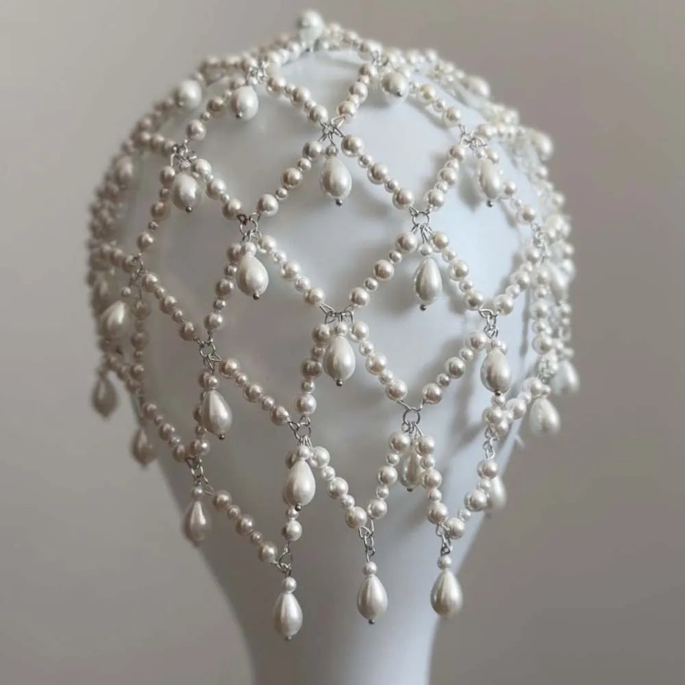 Stonefans Grid Pendant Headdress Costume Women Carnival Headband 1920s Pearl Hair Bohemian Fashion Vintage Headwear Accessories