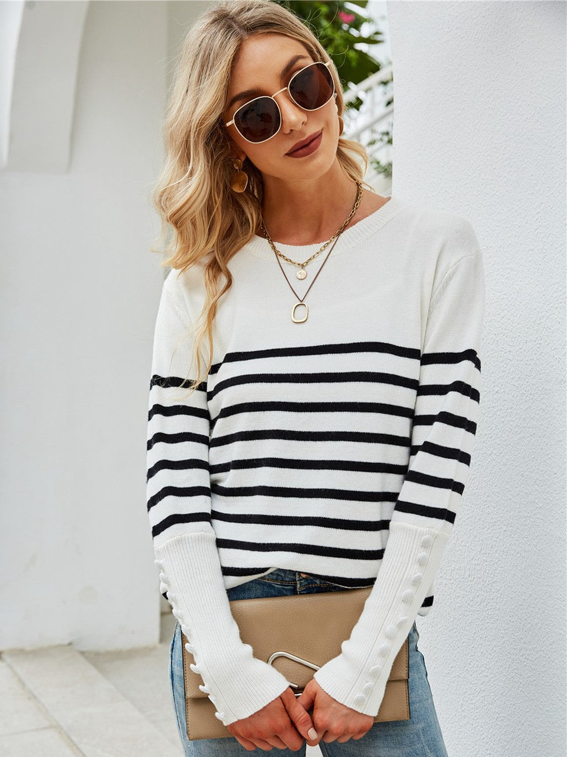 Angel Wings Striped Decorative Button Knit Top