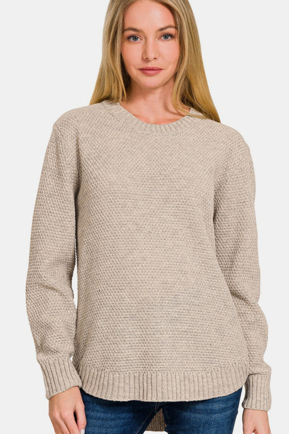 Zenana Full Size Round Neck Long Sleeve Curved Hem Sweater