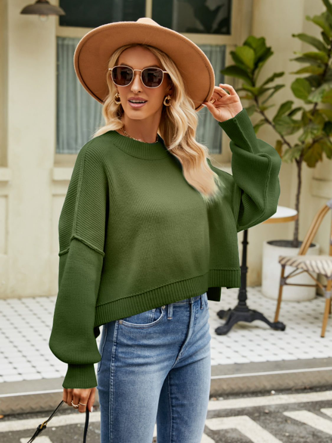 Round Neck Lantern Sleeve Sweater