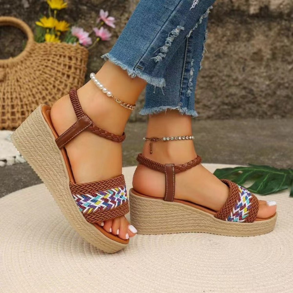 Open Toe Wedge Woven Sandals