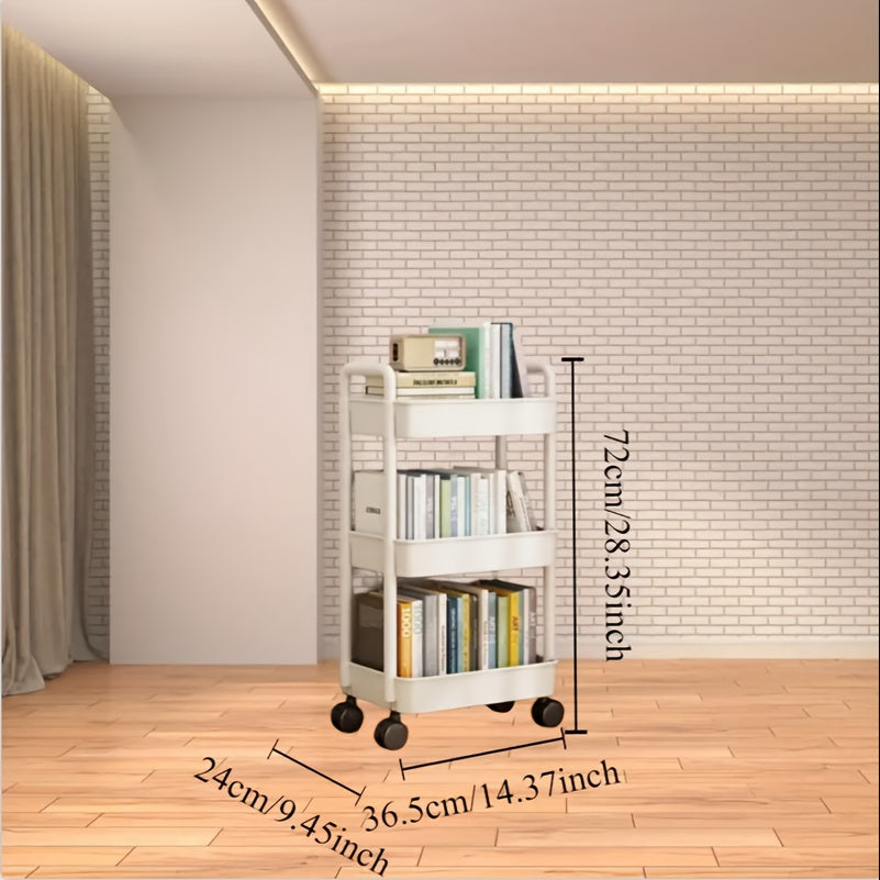3-Tier Durable Plastic Rolling Storage Cart with Wheels - Easy to Move, Black & White Organizer for Kitchen, Bathroom, Bedroom - Compact Design with Handles for Versatile Use