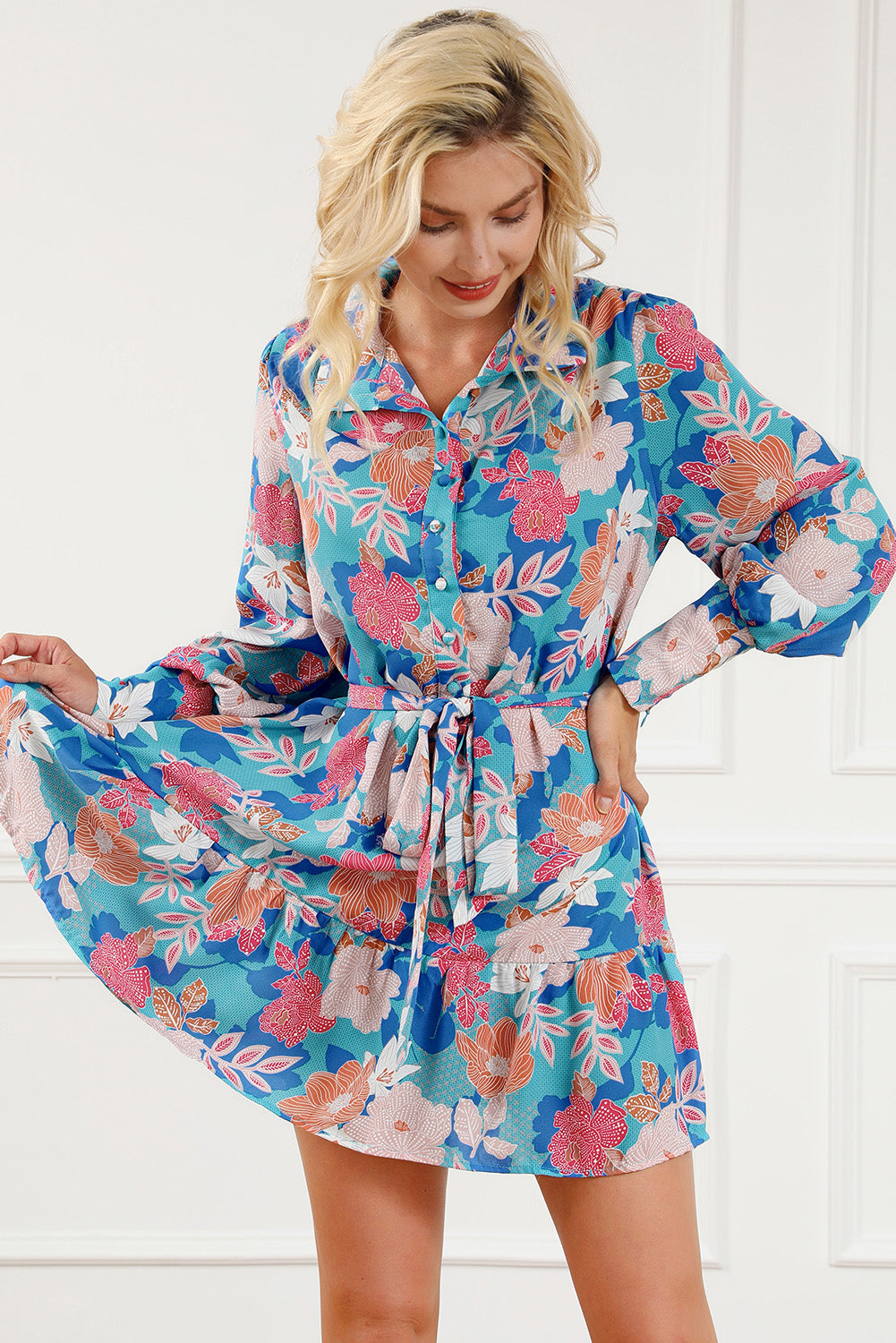 Floral Tie Waist Lantern Sleeve Ruffled Hem Mini Dress