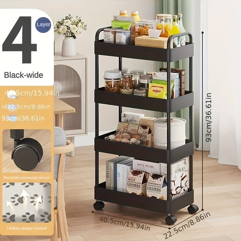3-Tier Durable Plastic Rolling Storage Cart with Wheels - Easy to Move, Black & White Organizer for Kitchen, Bathroom, Bedroom - Compact Design with Handles for Versatile Use