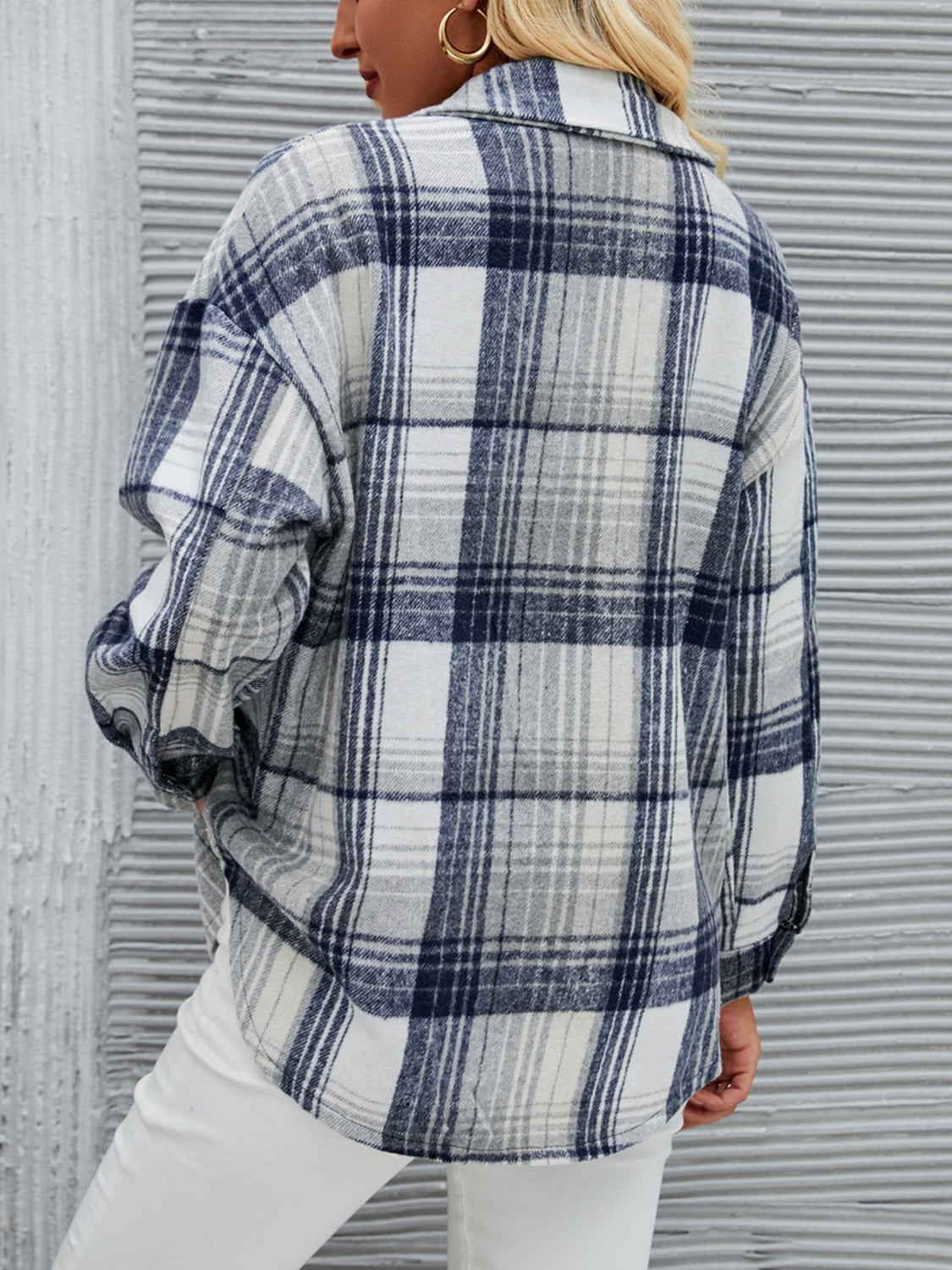 Plaid Pocketed Button Up Dropped Shoulder Jacket