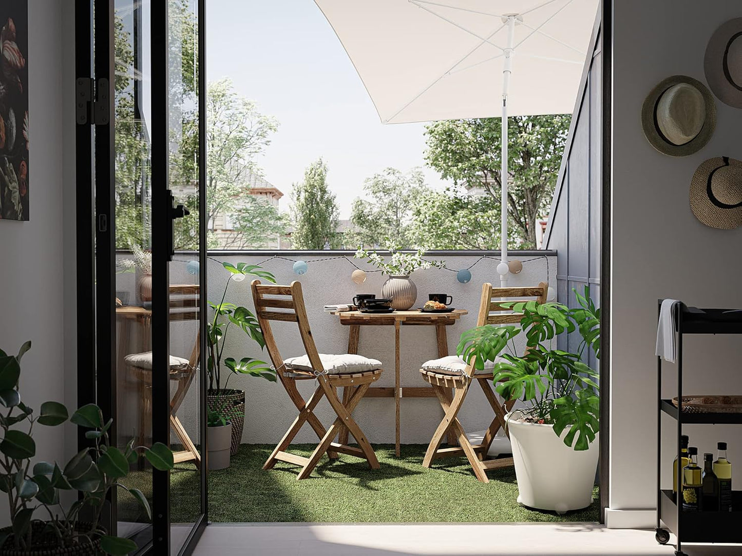 Ikea ASKHOLMEN table f wall+2 fold chairs, outdoor, light brown stained