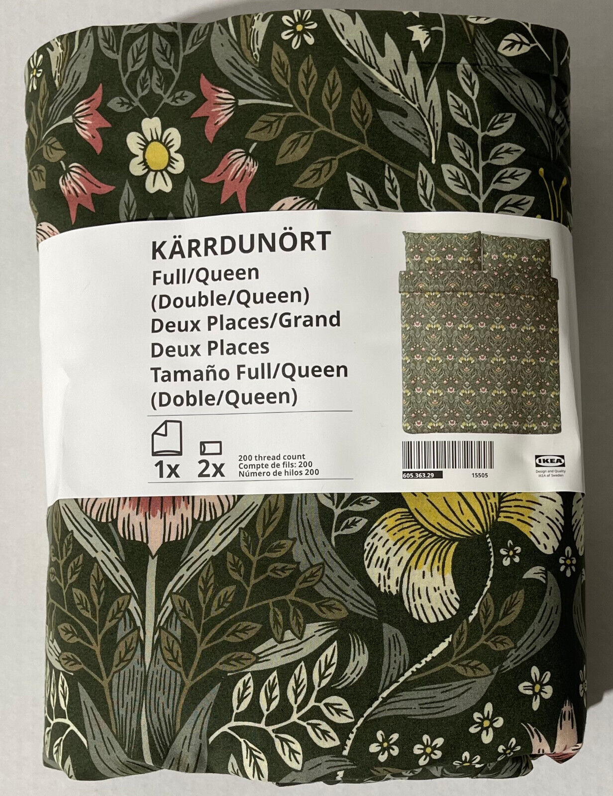 KÄRRDUNÖRT Duvet cover and pillowcase(s), dark green/multicolor, Full/Queen