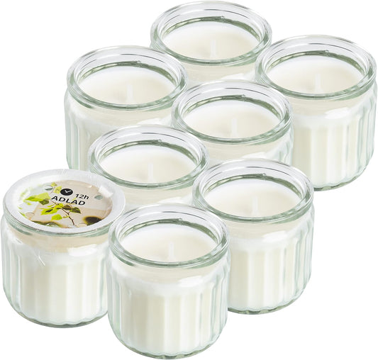 ADLAD White Mini Scented Candles in Glass Jars, Scandinavian Woods & Citrus, 12 Hours Each - Set of 8