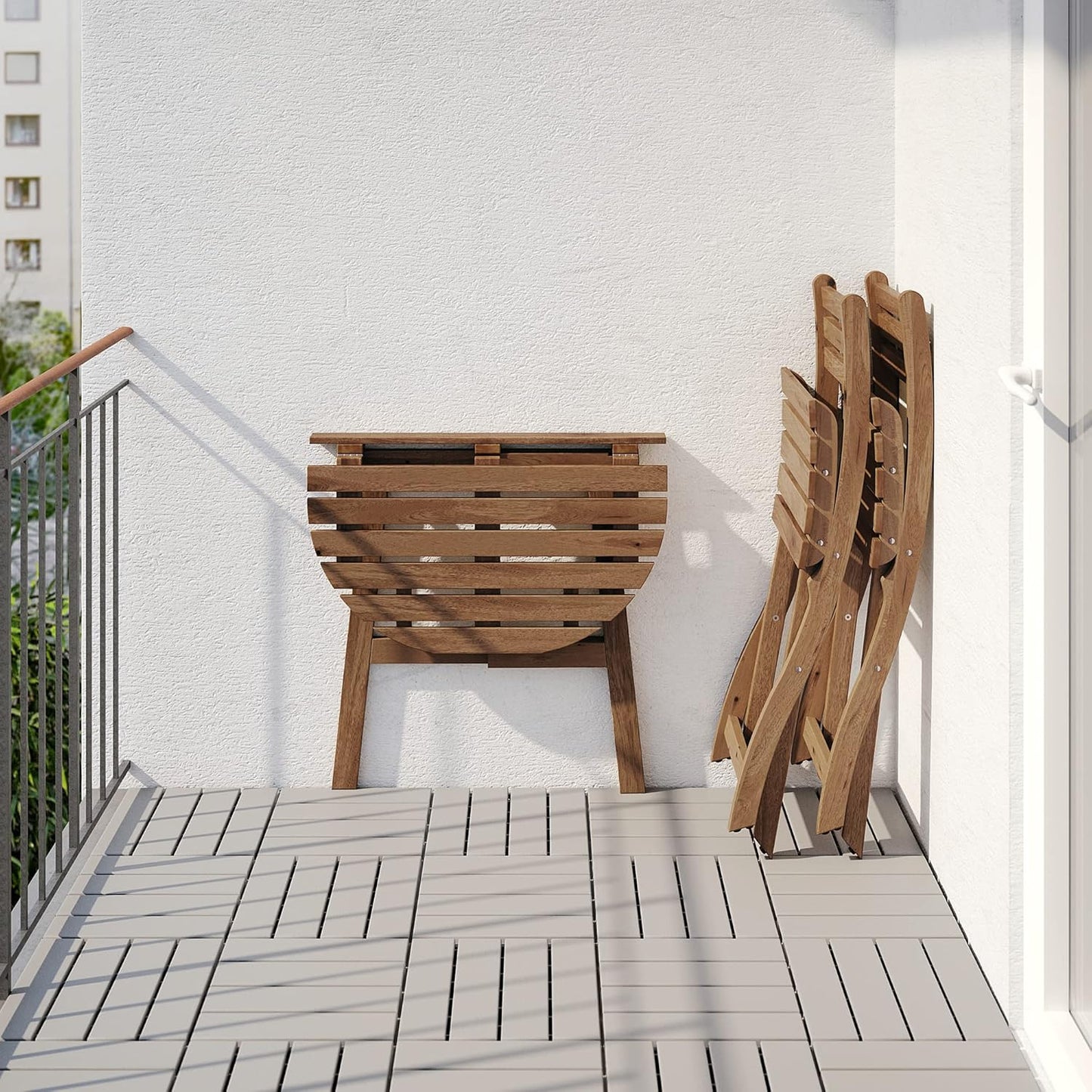 Ikea ASKHOLMEN table f wall+2 fold chairs, outdoor, light brown stained
