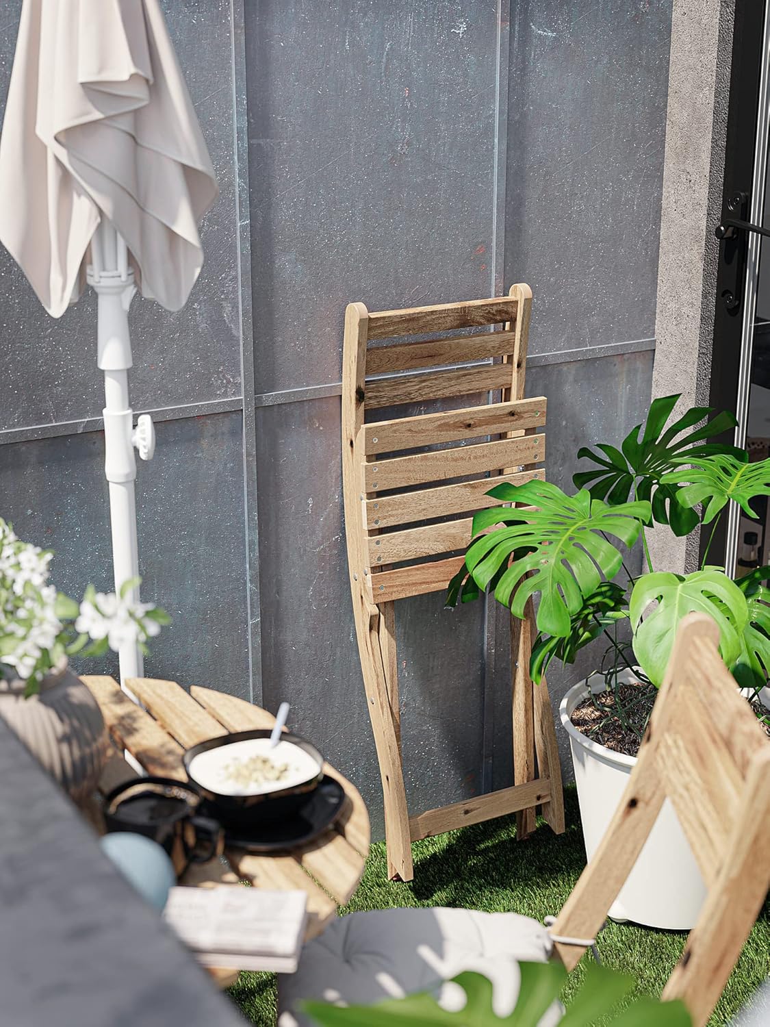Ikea ASKHOLMEN table f wall+2 fold chairs, outdoor, light brown stained
