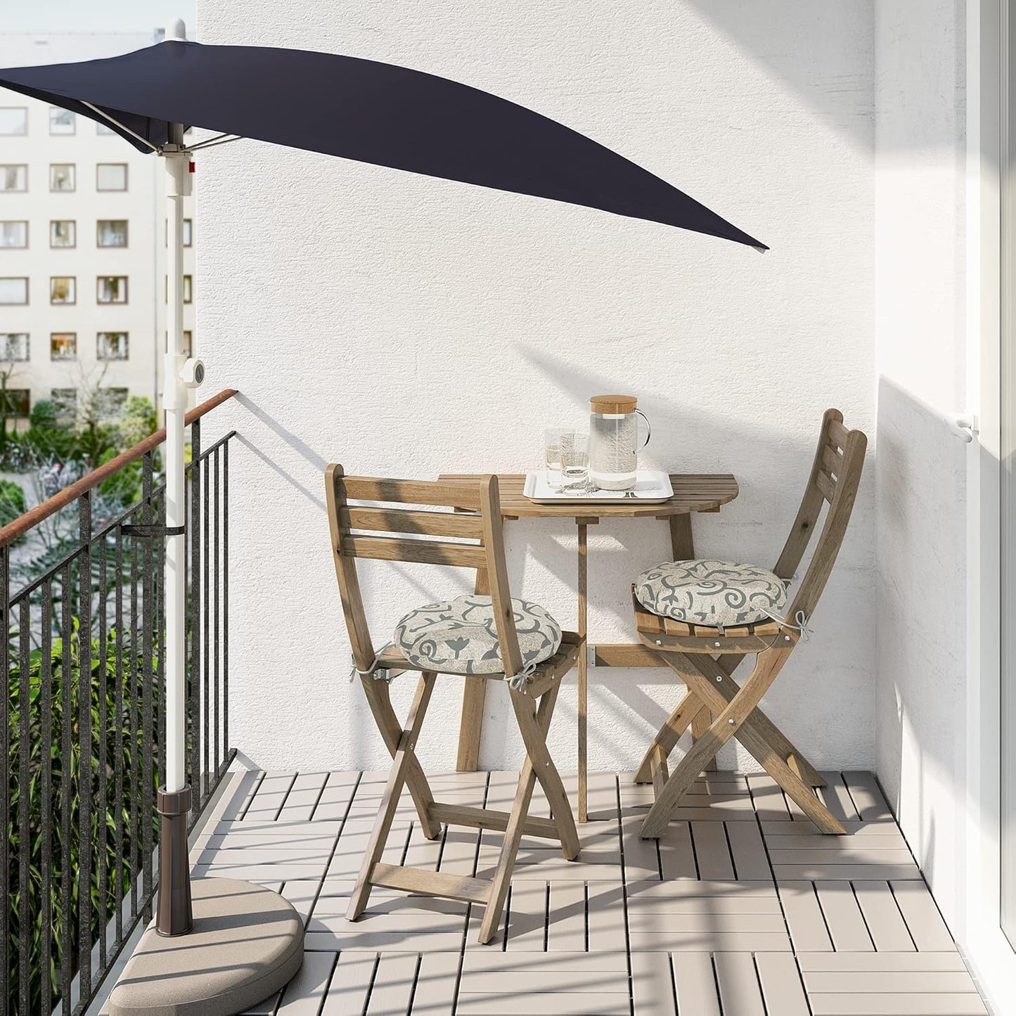 Ikea ASKHOLMEN table f wall+2 fold chairs, outdoor, light brown stained