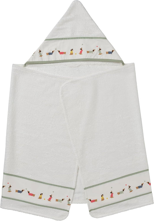 DRÖMSLOTT baby towel with hood, 60x125 cm, puppy pattern/white